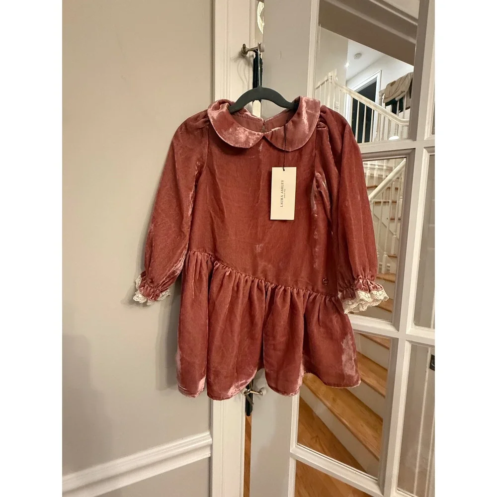 Laura Ashley Kids Pink Velvet Dress Peter Pan Collar Lace Trim Long Sleeve 4Y